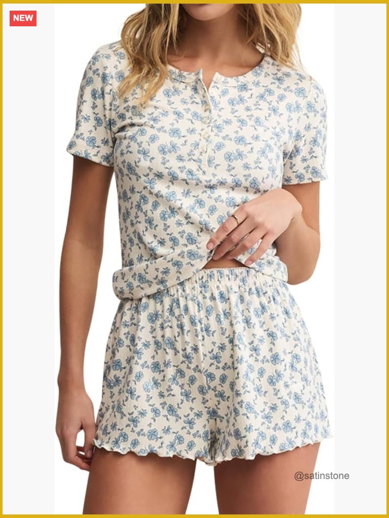 2 Piece Short Sleeve Button Top And Short Pajama Set
